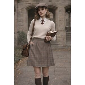 Vintage Academia LLBean Classic Fit‎ Plaid Wrap Skirt Size 6 Petite Brown Pocket